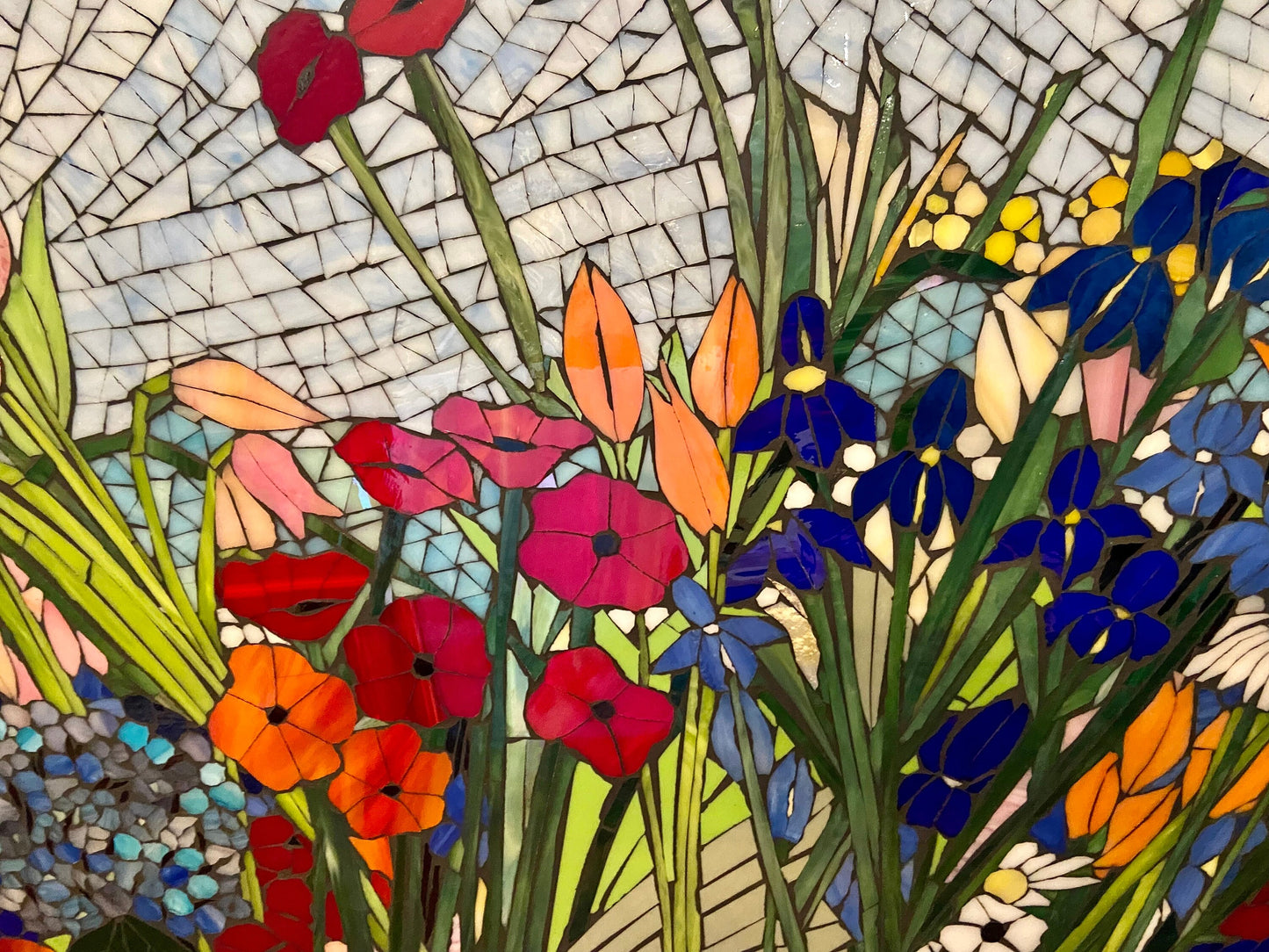 Mixed flower stained glass mosaic backsplash. Framed hanging glass art. Large garden mosaic wall art. Gift idea for garden lover.