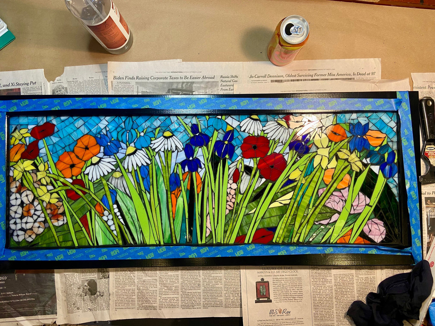 Mixed flower stained glass window. Framed hanging glass art. Large garden mosaic wall art. Gift idea for garden lover.