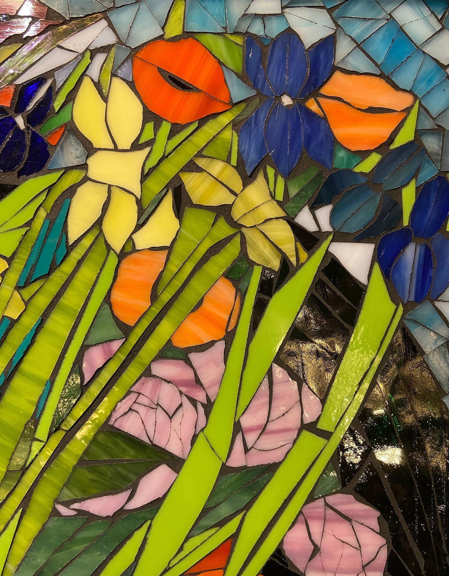 Mixed flower stained glass window. Framed hanging glass art. Large garden mosaic wall art. Gift idea for garden lover.
