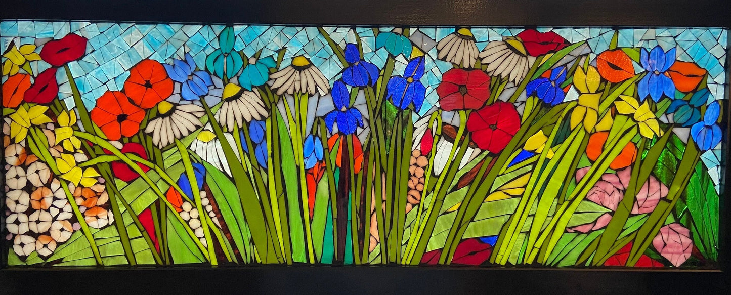 Mixed flower stained glass window. Framed hanging glass art. Large garden mosaic wall art. Gift idea for garden lover.