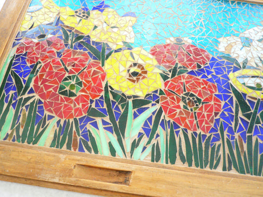 Mixed flower mosaic window, flower art, stained glass window, poppy window, flower mosaic, flower lover, garden art, flowers