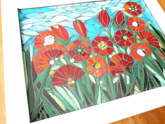 Mosaic poppy window, red stained glass window, garden mosaic art, mosaic flowers, flower art, poppies, poppy mosaic, wall art