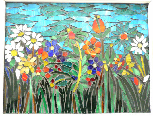 Mixed flowers stained glass window. Framed hanging glass art. Small garden mosaic wall art. Gift idea for garden lover.