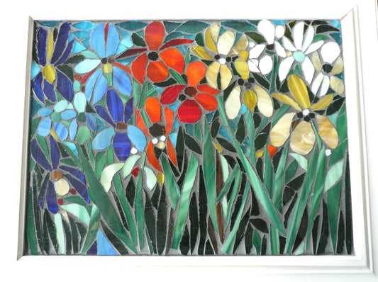 Iris Flower Mosaic, Blue Iris, stained glass Iris, custom art, botanical art, stained glass window, iris mosaic, blue art