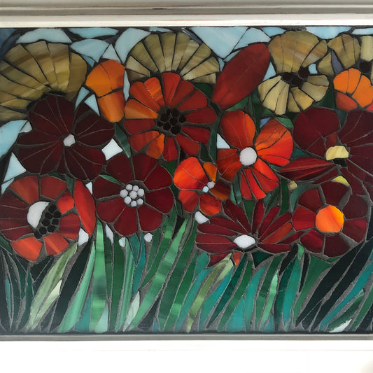 Mosaic poppy window, poppy mosaic, stained glass window, Flower art, poppy art, stained glass mosaic,red poppy remembrance, botanicals