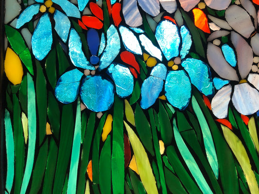 Iris Flower Mosaic Blue iris stained glass window, botanical art, flower art, flower window mosaic, landscapes, irises, blue
