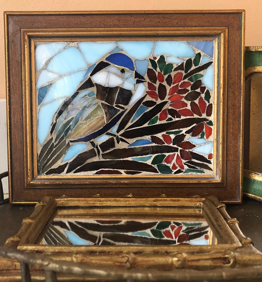 Stained glass mosaic bird. Small antique frame. Chickadee sitting on a branch with red berries. Gift for bird watcher.