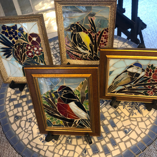 Chickadee, Robin, Finch and Hummingbird Stained Glass Mosaic, Broken China Mosaic, antique frame, bird art, mosaic art, birds