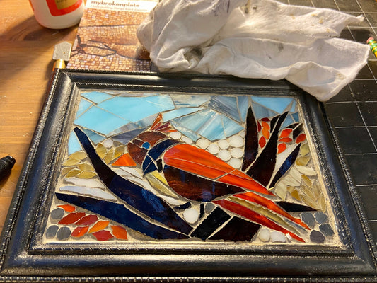 Stained glass mosaic bird. Small antique frame. Cardinal sitting on a branch with red berries. Abstract bird artwork. Gift for bird watcher.