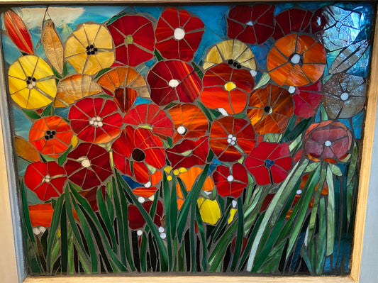 Mosaic poppy window, poppy mosaic, stained glass window, Flower art, poppy art, stained glass mosaic, poppy symbolism, botanicals