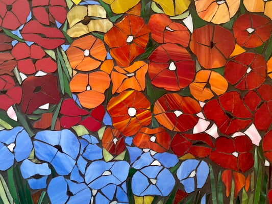 Mosaic poppy window, poppy mosaic, stained glass window, Flower art, poppy art, stained glass mosaic, blue poppies, botanicals