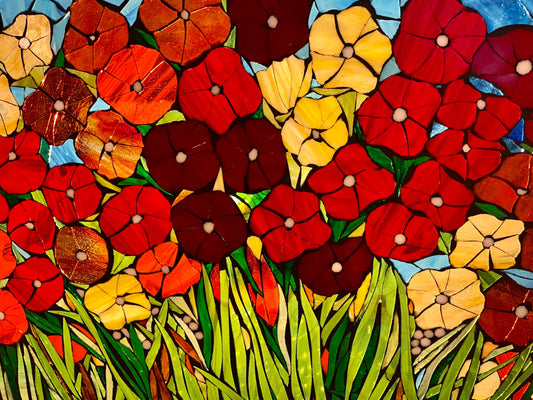 Mosaic poppy window, poppy mosaic, stained glass window, Flower art, California Poppy, stained glass mosaic, poppies garden art, botanicals