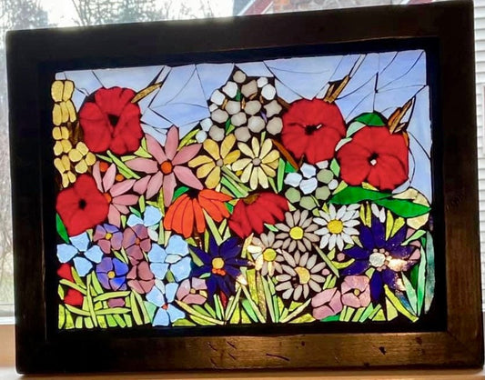 Mixed Flowers stained glass window. Framed hanging glass art. Large garden mosaic wall art. Gift idea for garden lover.