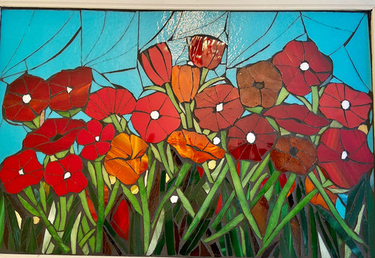 CUSTOM ORDER - Mosaic poppy window, Red stained glass, mosaic art, flower mosaic art, stained glass, stained glass mosaic, poppies wall art.