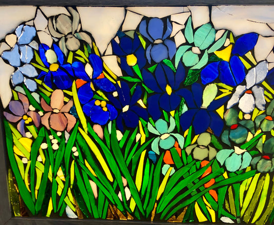 Mixed Irises stained glass window. Framed hanging glass art. Large garden mosaic wall art. Gift idea for garden lover.