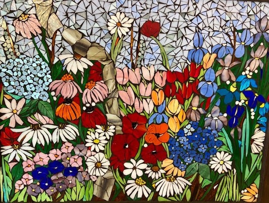 Mixed Flower Garden stained glass window. Framed hanging glass art. Large garden mosaic wall art. Gift idea for garden lover.