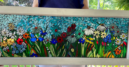 Mixed flower stained glass window. Framed hanging glass art. Large garden mosaic wall art. Blue art.