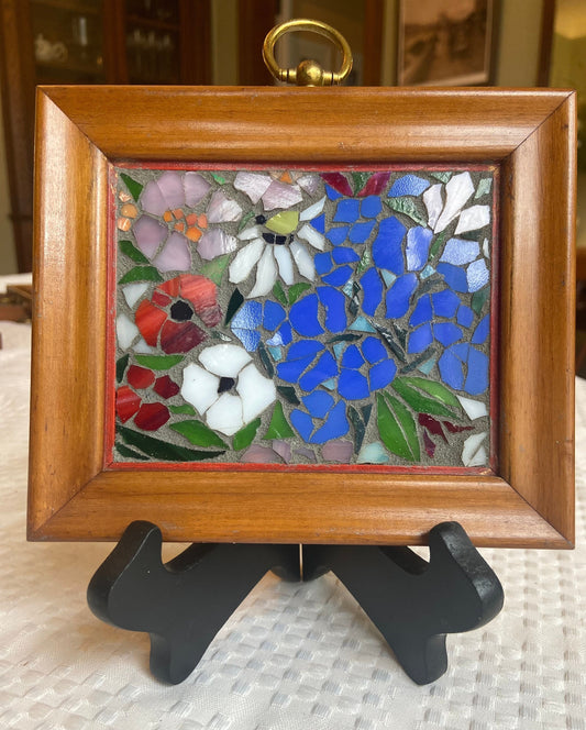 Small framed art. Stained glass mixed flower mosaic. Flower wall art.  Hand cut glass and broken tesserae. Gift idea for a garden lover.