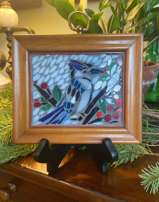 Stained glass mosaic bird. Small antique frame. Blue Jay sitting on a branch with red berries. Abstract bird artwork. Gift for bird watcher.
