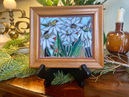 Small framed art. Stained glass flower mosaic. Flower wall art.  Hand cut glass and broken tesserae. Gift idea for a daisy lover.