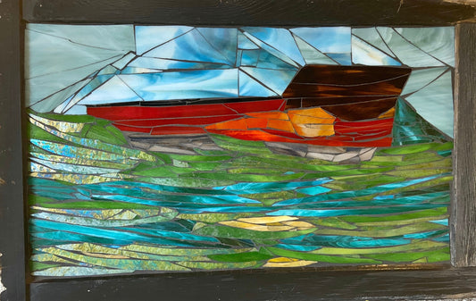 Steamer boat stained glass window. Framed mosaic hanging glass art. Large nautical wall panel. Gift idea for a boat lover.