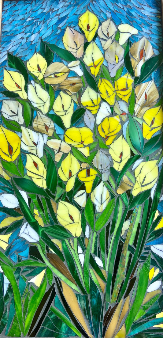 Calla Lily stained glass window. Framed hanging glass art. Large garden mosaic wall art. Gift idea for garden lover.