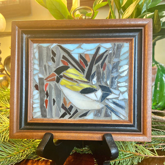 Handheld framed stained glass mosaic bird. Small 5"x5" Finch sitting on a tree branch. Gift for a bird watcher. Abstract bird wall art.