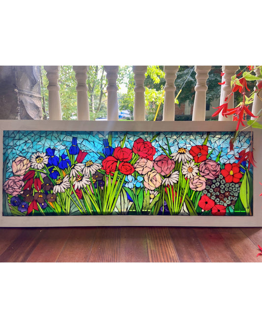 Mixed flower stained glass window. Framed hanging glass art. Large garden mosaic wall art. Roses and wildflowers. Botanical art lover.