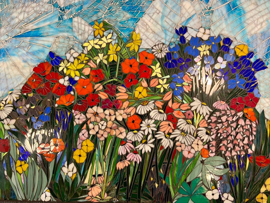 Mixed flower stained glass mosaic panel. Framed hanging glass art. Large garden mosaic wall art. Gift idea for Arizona desert lover.