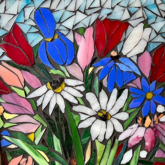 Small framed art. Stained glass mixed flower mosaic. Flower wall art.  Hand cut glass and broken tesserae. Gift idea for a tulip lover.