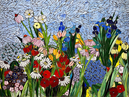 Mixed flower stained glass mosaic panel. Framed hanging glass art. Large garden mosaic wall art. Gift idea for big sky lover.
