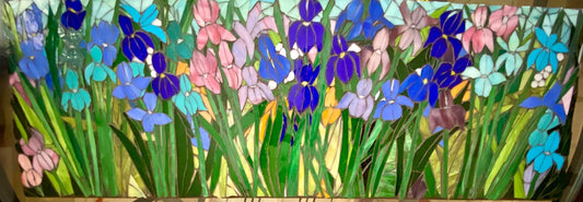 Mixed Irises stained glass window. Framed hanging glass art. Large garden mosaic wall art. Gift idea for all shades of blue.