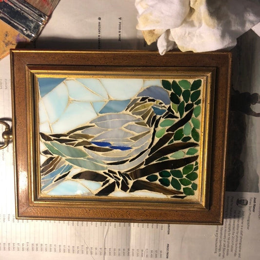 Stained glass mosaic bird. Small antique frame. Dove sitting on a branch with green leaves. Abstract bird artwork. Gift for bird watcher.