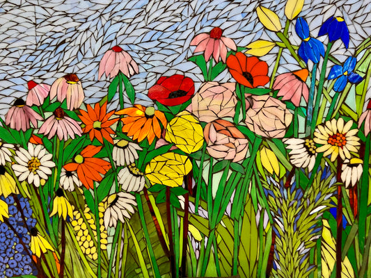 Transom Window Mixed Flower Stained Glass . Framed hanging glass art. Large garden mosaic wall art. Gift idea for garden lover.