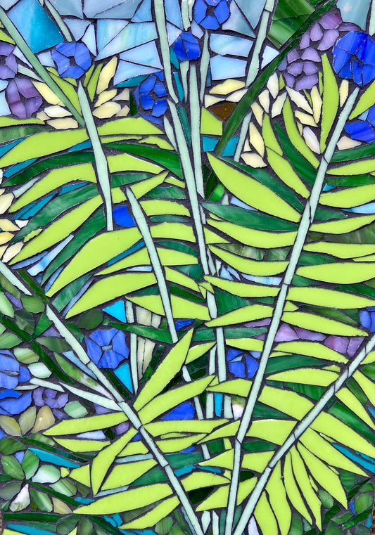 Small mosaic table top.  Mixed Fern Stained Glass design. Framed hanging glass art. Tiny garden mosaic wall art. Gift idea for garden lover.