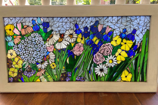 Mixed flower stained glass window. Framed hanging glass art. Large garden mosaic wall art. Gift idea botanical lover. No primary colors.