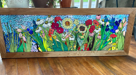 Mixed flower stained glass window. Framed hanging glass art. Large garden mosaic wall art. Gift idea for sunflower lover.