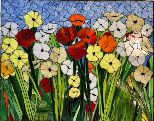 Custom Mixed poppies stained glass window. Framed hanging glass art. Small garden mosaic wall art. Gift idea for garden lover.