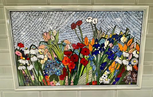 Mixed flower stained glass mosaic backsplash. Framed hanging glass art. Large garden mosaic wall art. Gift idea for garden lover.