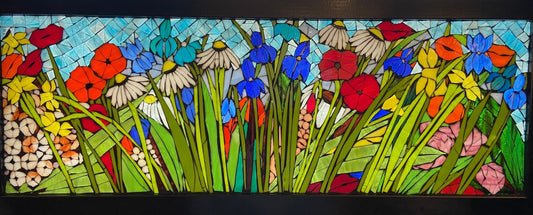 Mixed flower stained glass window. Framed hanging glass art. Large garden mosaic wall art. Gift idea for garden lover.