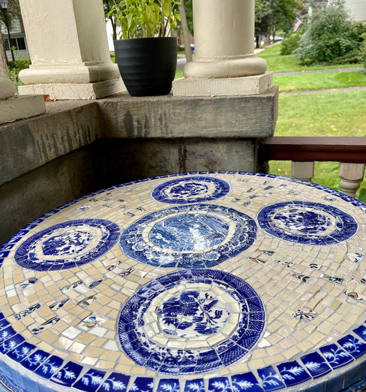 Mosaic cafe table top. Blue Willow china. Broken Ceramic tiles.  Gift idea for coffee lovers.
